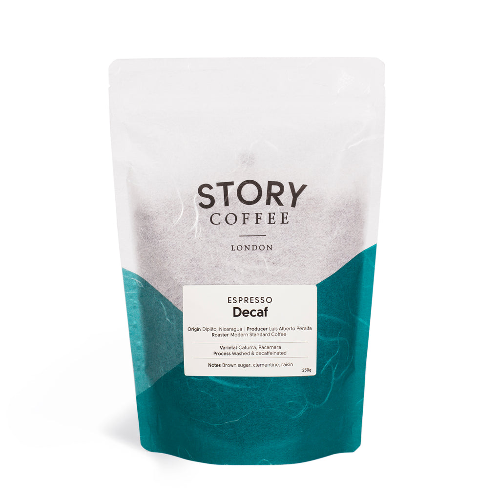 Story decaffeinated coffee beans, front side bag