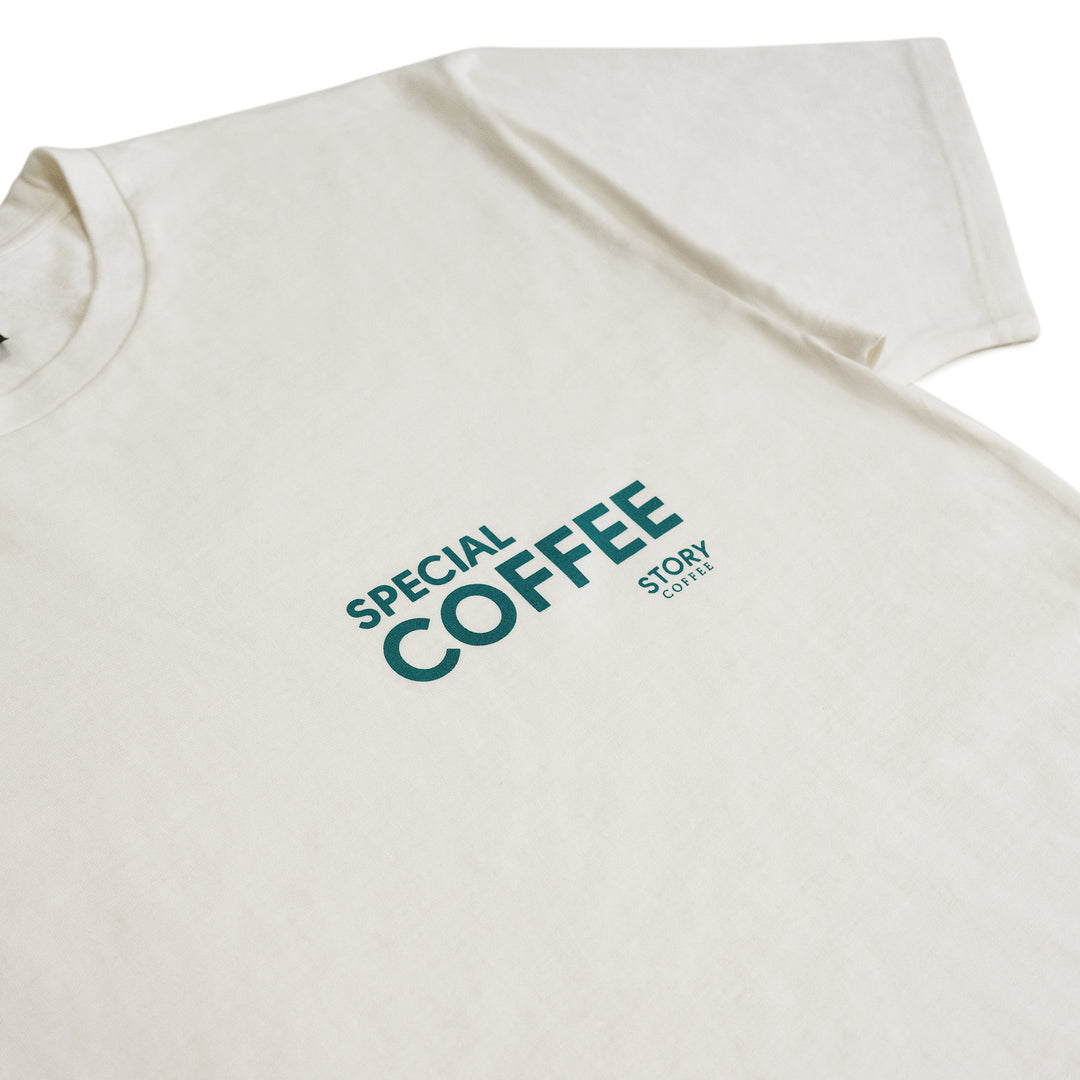 Story Coffee Special White T-shirt, angle close up