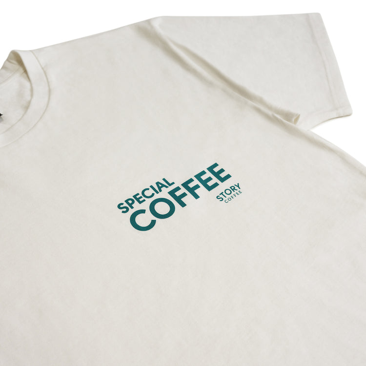 Story Coffee Special White T-shirt, angle close up